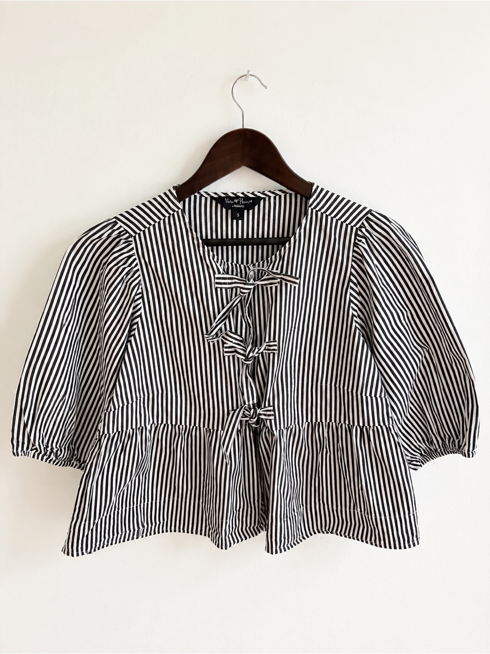 Velvet Heart Los Angeles Black & White Striped Tie Front Peplum Blouse Size S